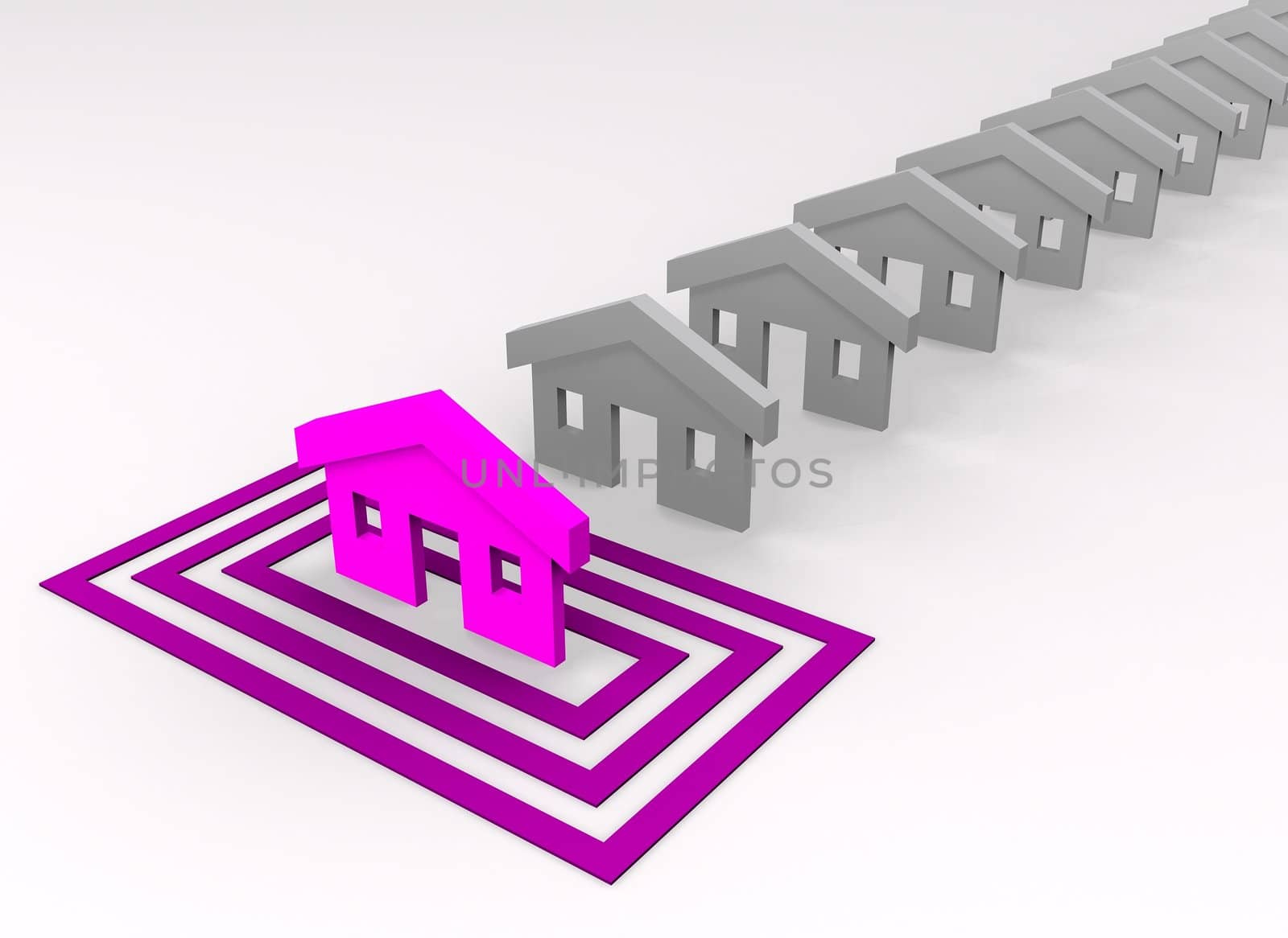 Houses concept - pink house targeted in squares
