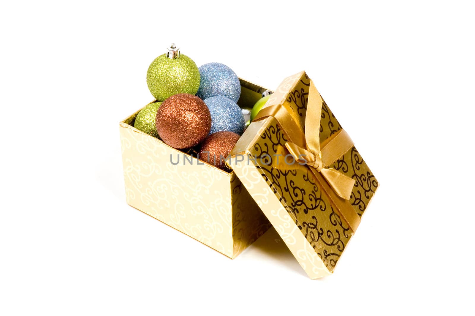 open gift box filled with christmasballs isolated on a white background 