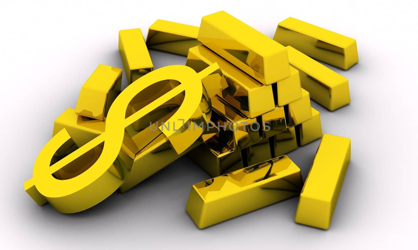 Gold bars and golden dollar sign on white background.
