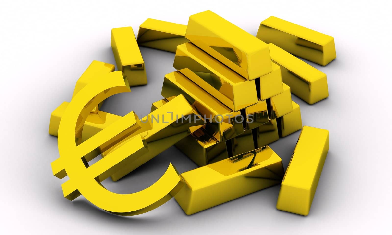 Gold bars and golden euro sign on white background.
