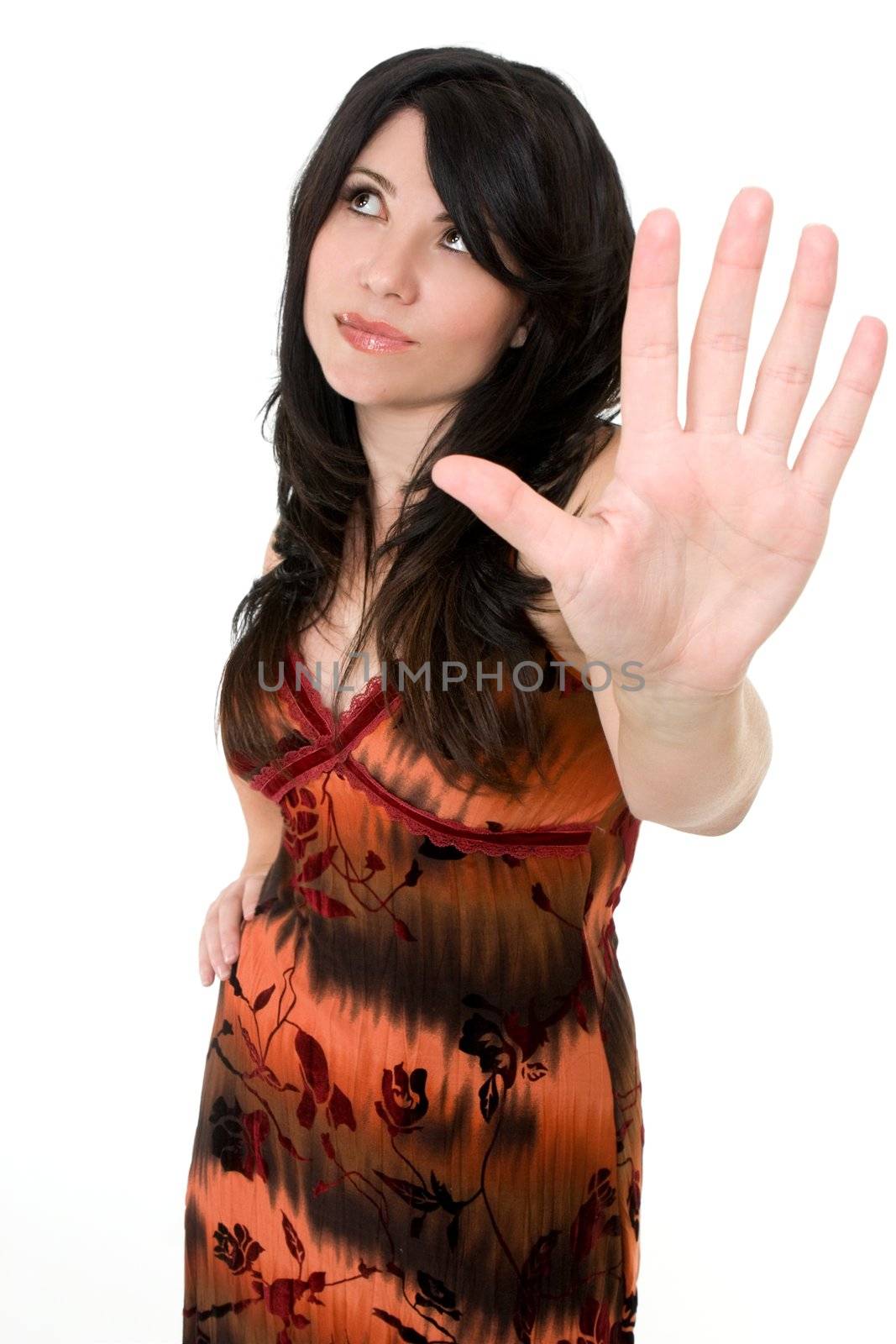 A woman showing attitude, such as conflict talk to the hand or say No concept
