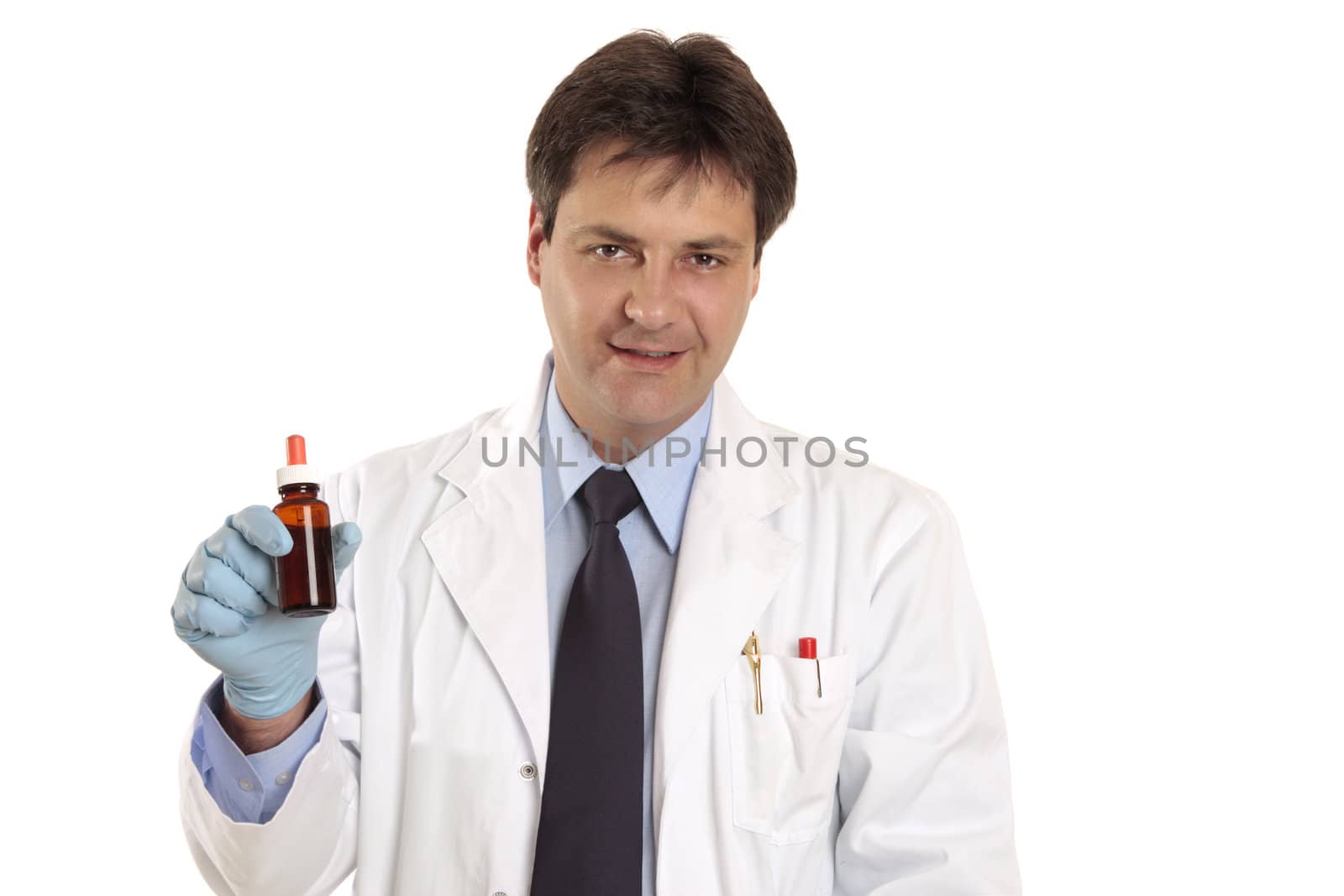 A doctor or vet holding, showing,  or promoting a medicine, herbal remedy or ointment.