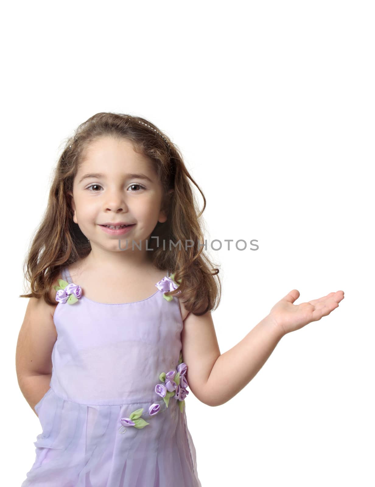 Beautiful smiling girl standing with one hand outstretched. with copyspace.