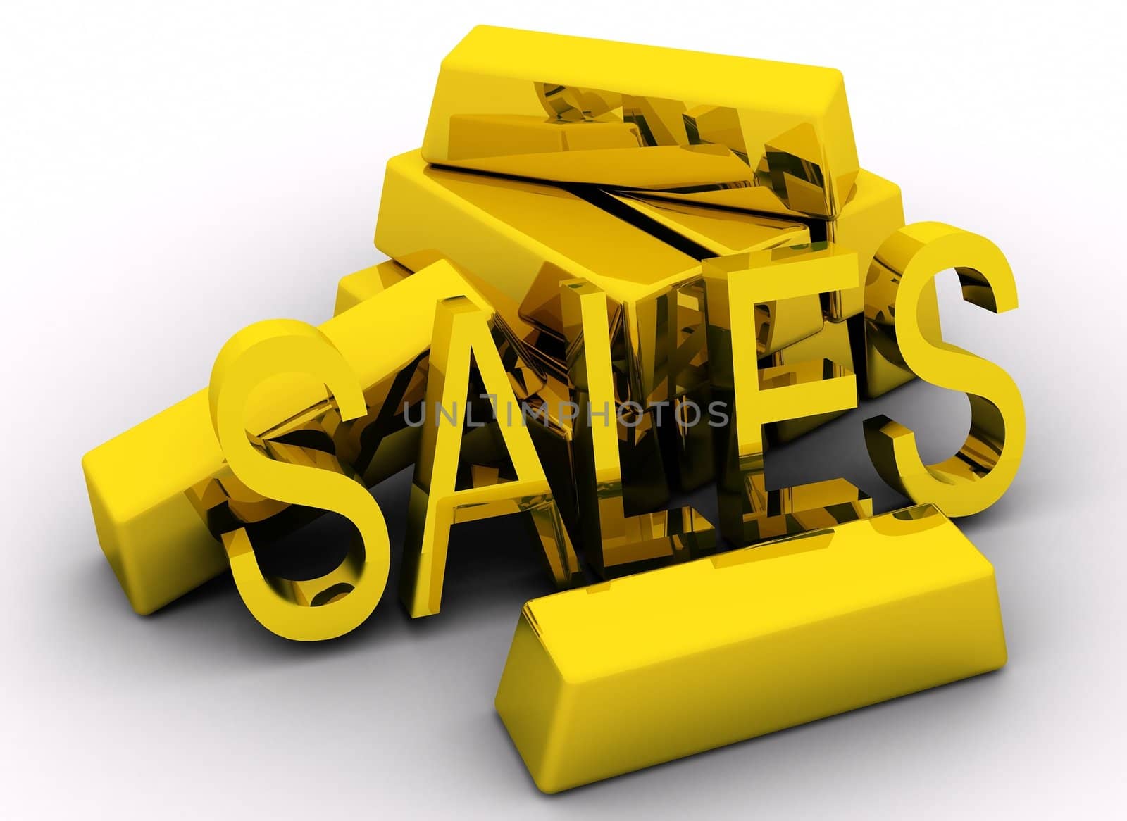 Gold bars and golden sales text on white background.
