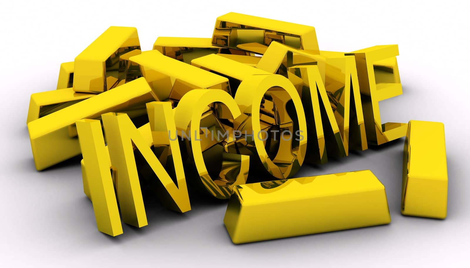 Gold bars and golden income text on white background.
