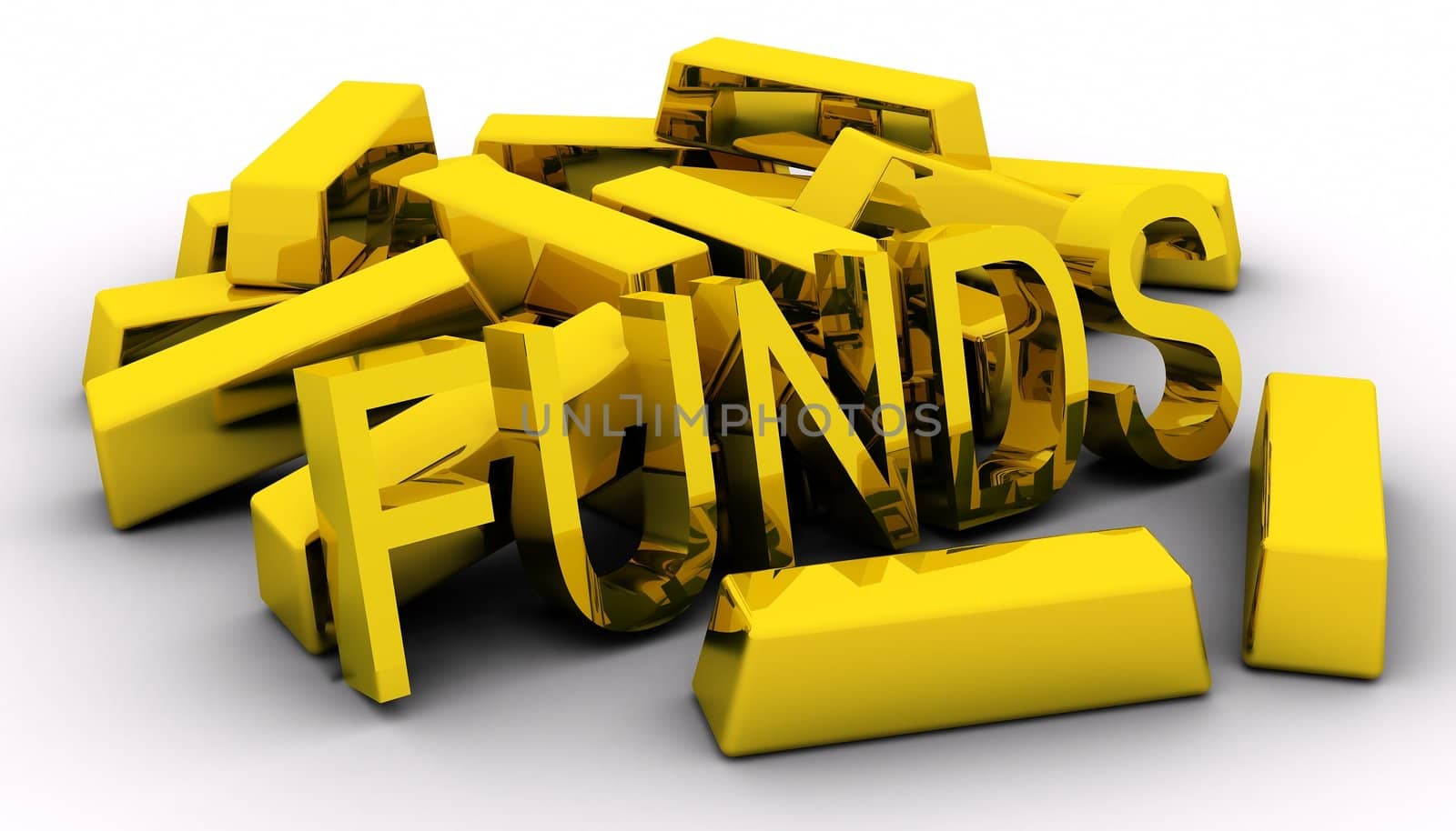 Gold bars and golden funds text on white background.