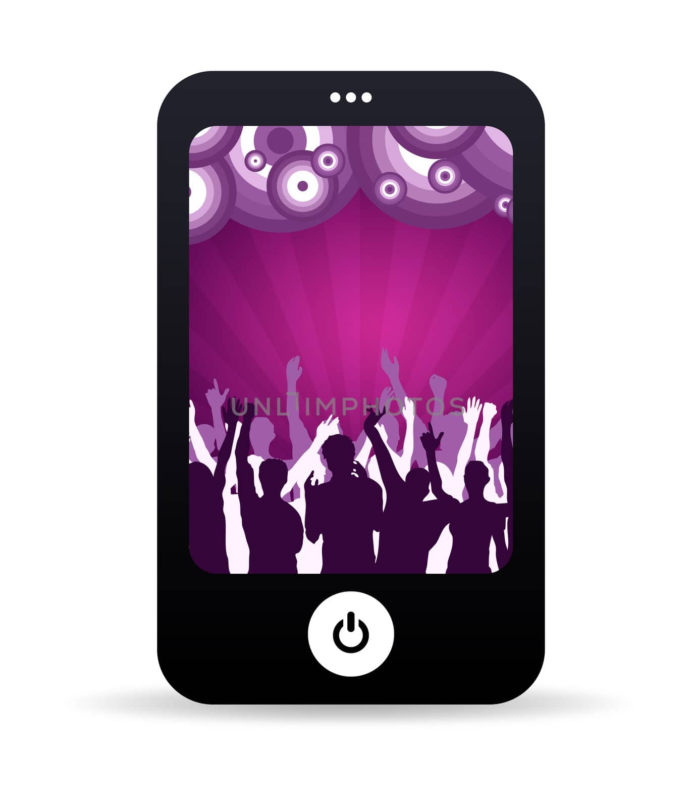 High resolution graphic of a mobile phone with dancing people background. 