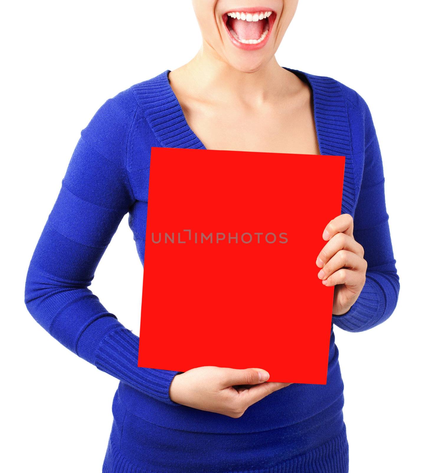 Closeup of a woman holding a red placard and screaming of joy. Isolated on white background.