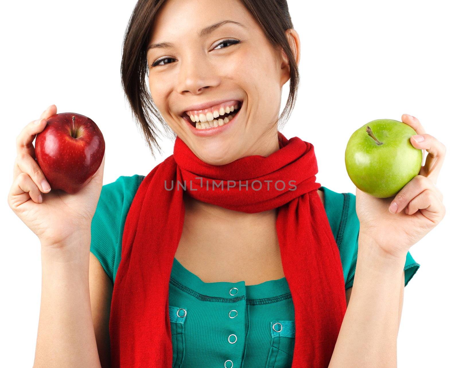 Beautiful autumn woman with red and green apples. Isolated on white. 
