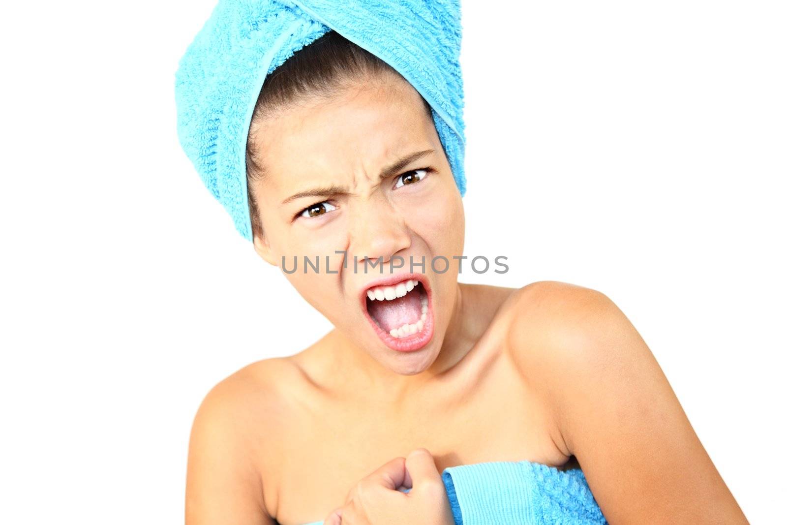 Angry and surprised out of shower woman shocked. Beautiful young woman model. Isolated on white background.