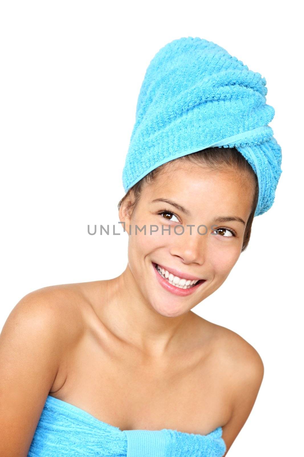  Towel woman .Smiling woman with towels just out of the shower. Beautiful mixed asian / caucasian young woman model. Isolated on white background.