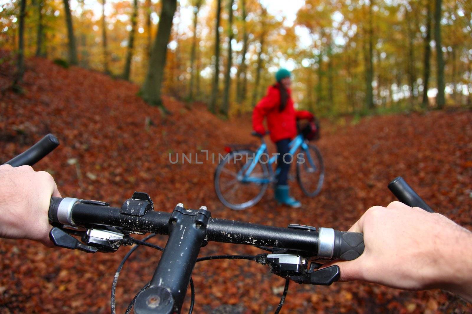 Mountain bike. Biking in the forest, from cyclist perspective. Shallow depth of field, focus on the hands.