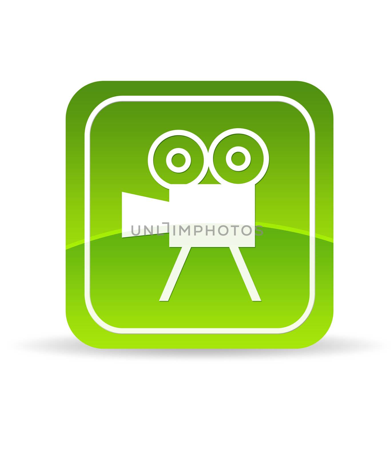 High resolution green video film camera icon on white background.