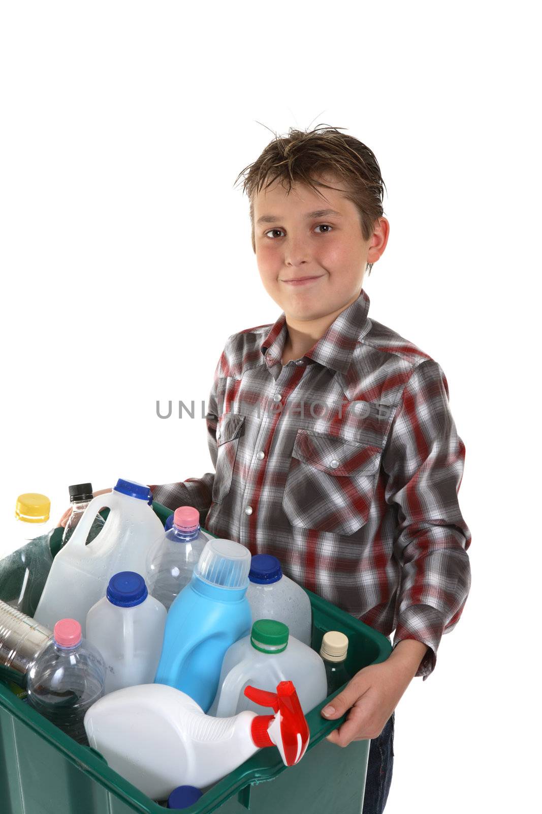 A child carrying a plastic container full with empty recyclable household material.
