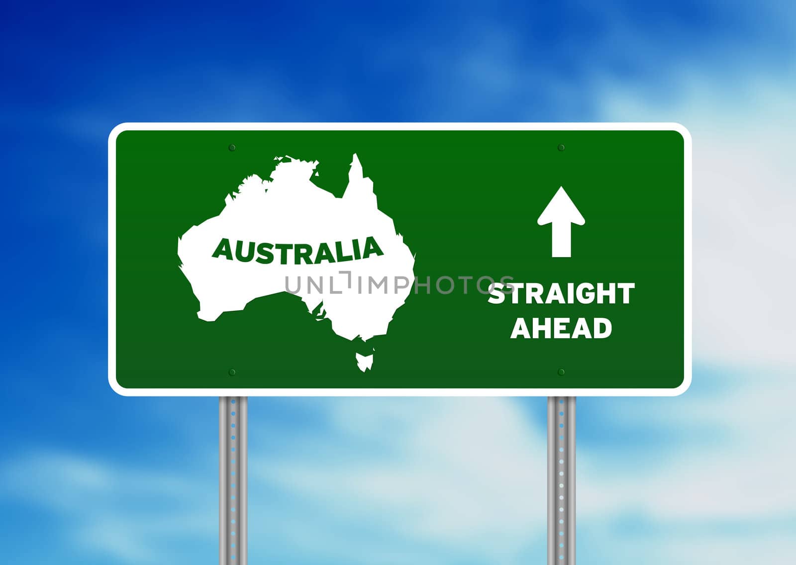 High resolution graphic of a green australia highway sign on Cloud Background. 