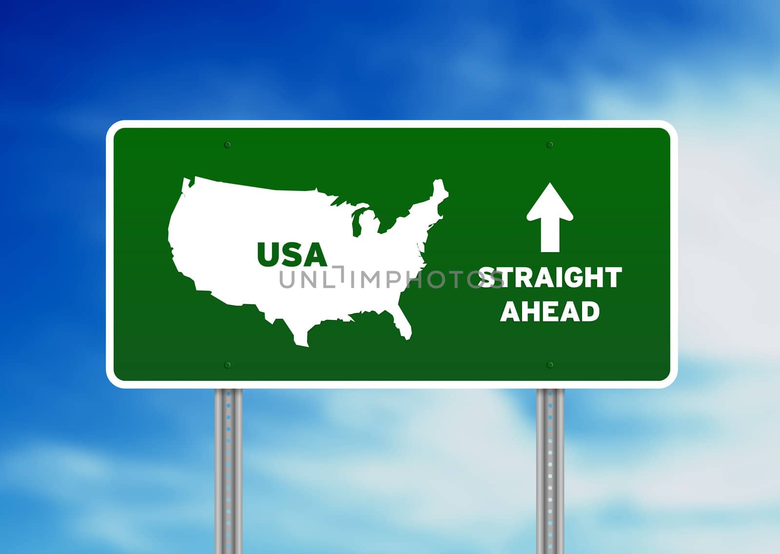 High resolution graphic of a green USA highway sign on Cloud Background. 