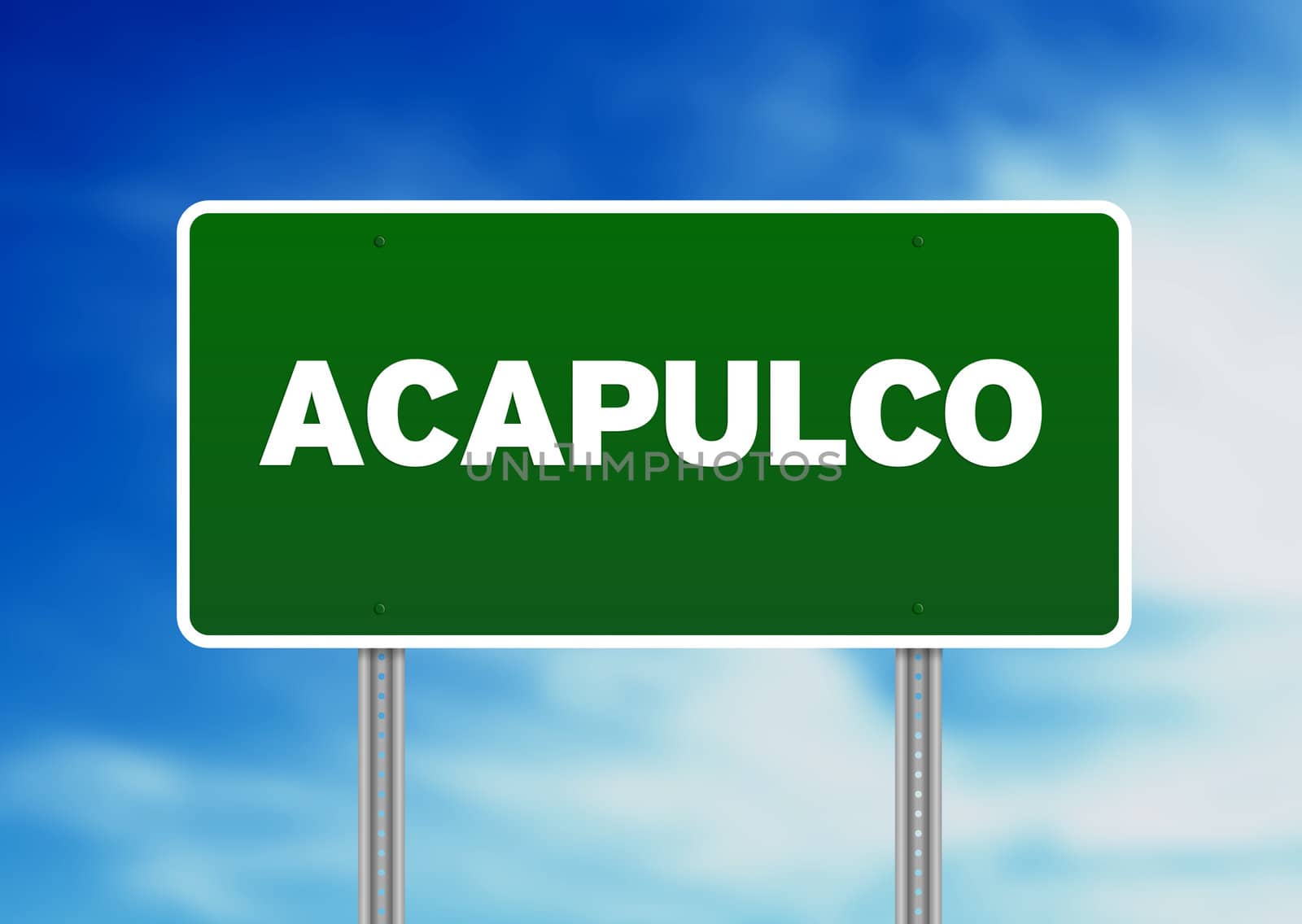 Green Acapulco, Mexico highway sign on Cloud Background. 