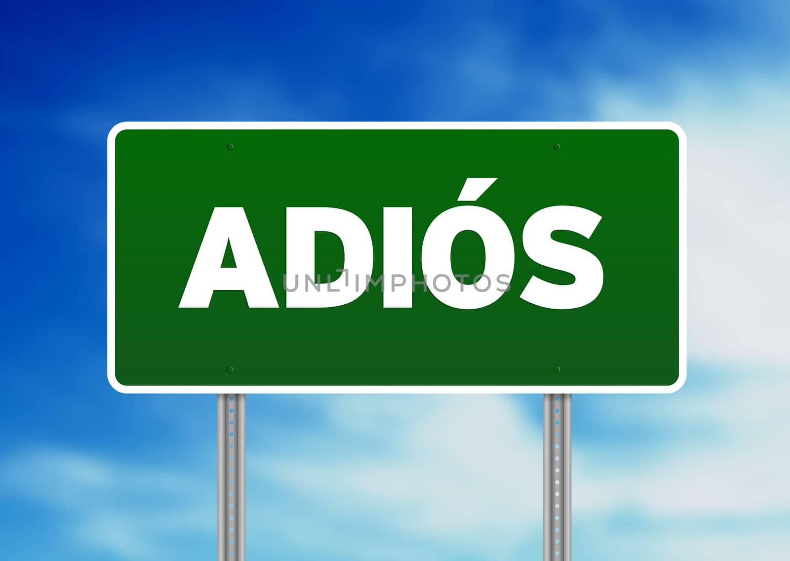 Green Adios highway sign on Cloud Background.
