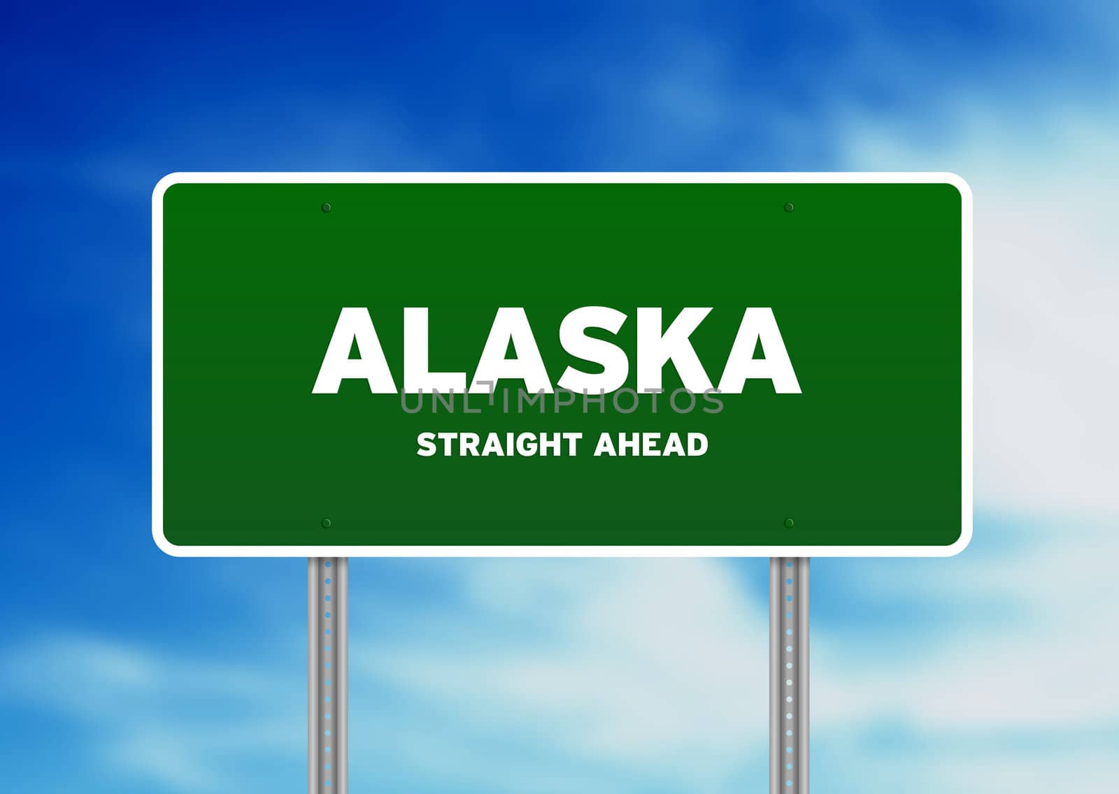 High resolution graphic of a alaska green highway sign on Cloud Background. 