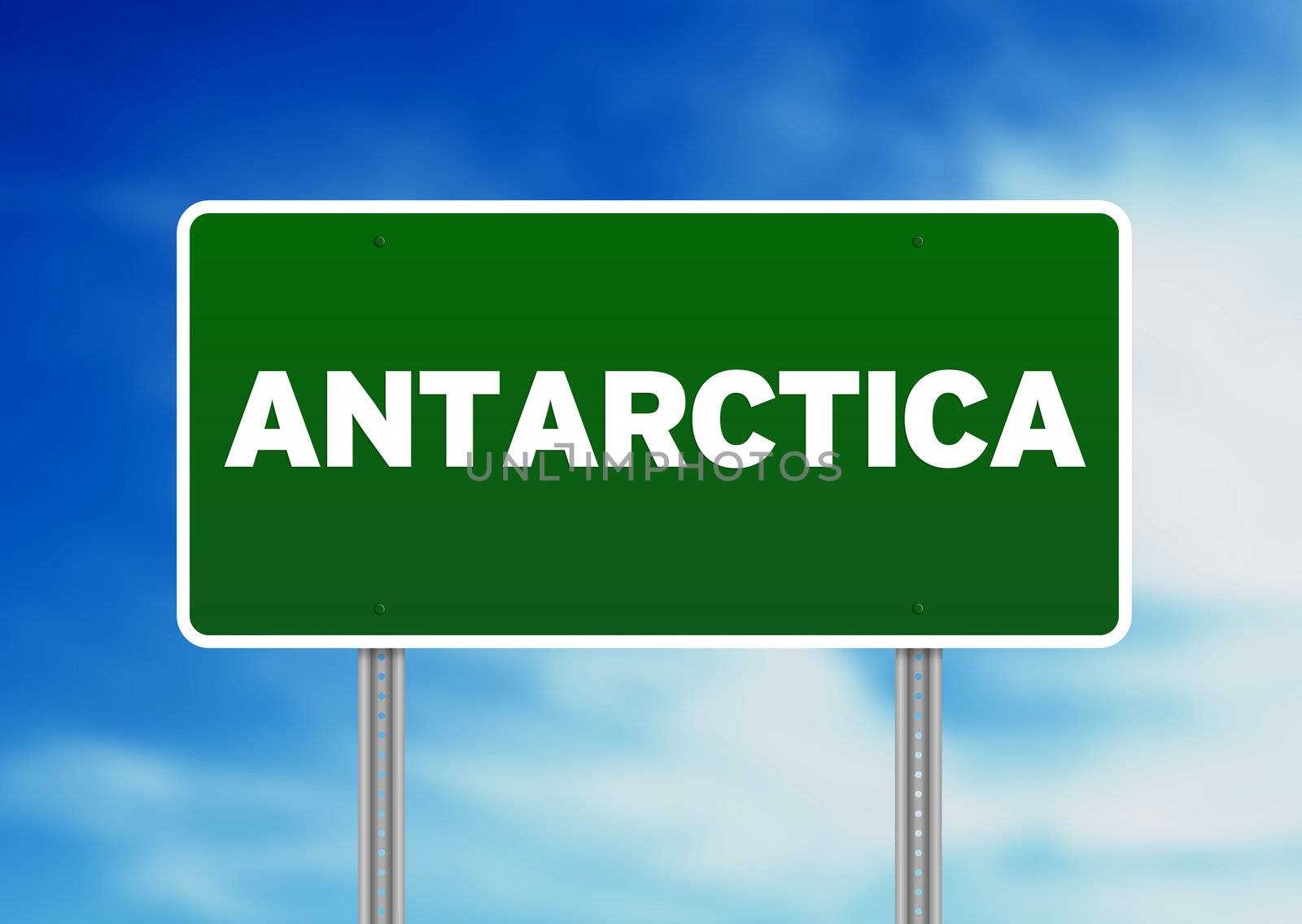 Green Antarctica highway sign on Cloud Background. 