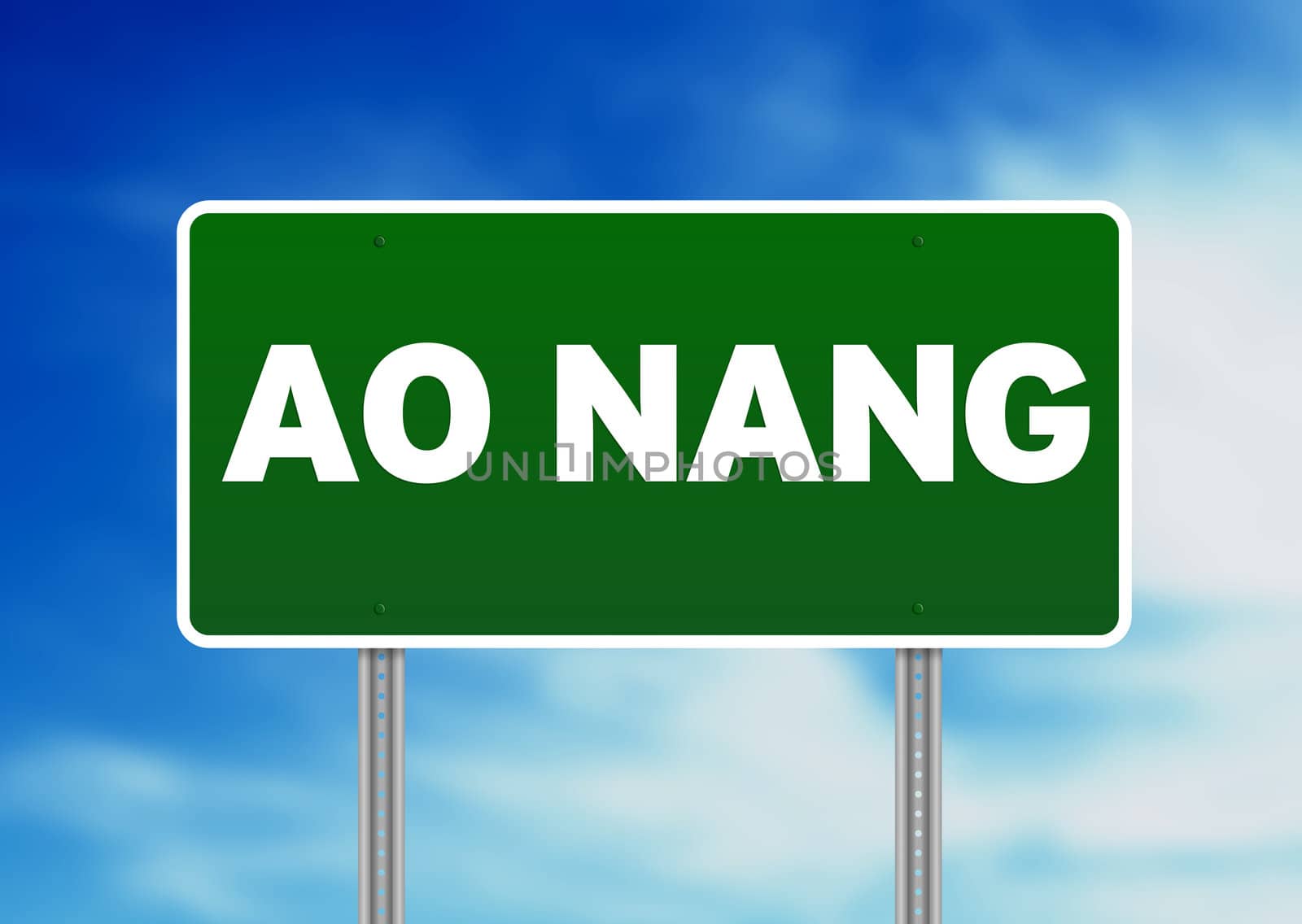Green Ao Nang, Thailand road sign on Cloud Background. 
