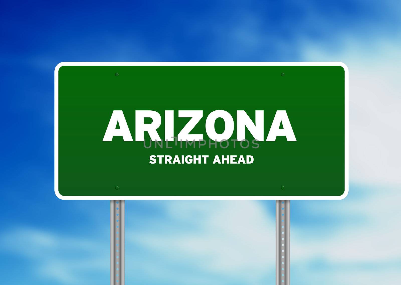 High resolution graphic of a arizona green highway sign on Cloud Background. 