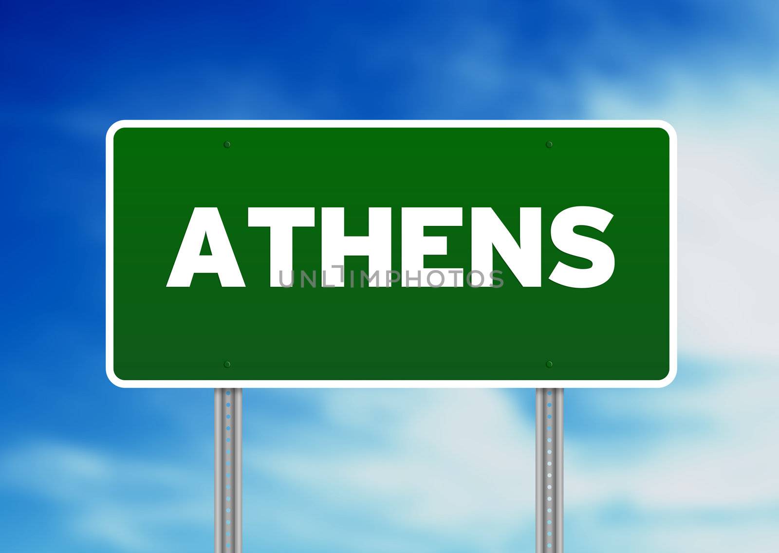 Green Athens highway sign on Cloud Background. 