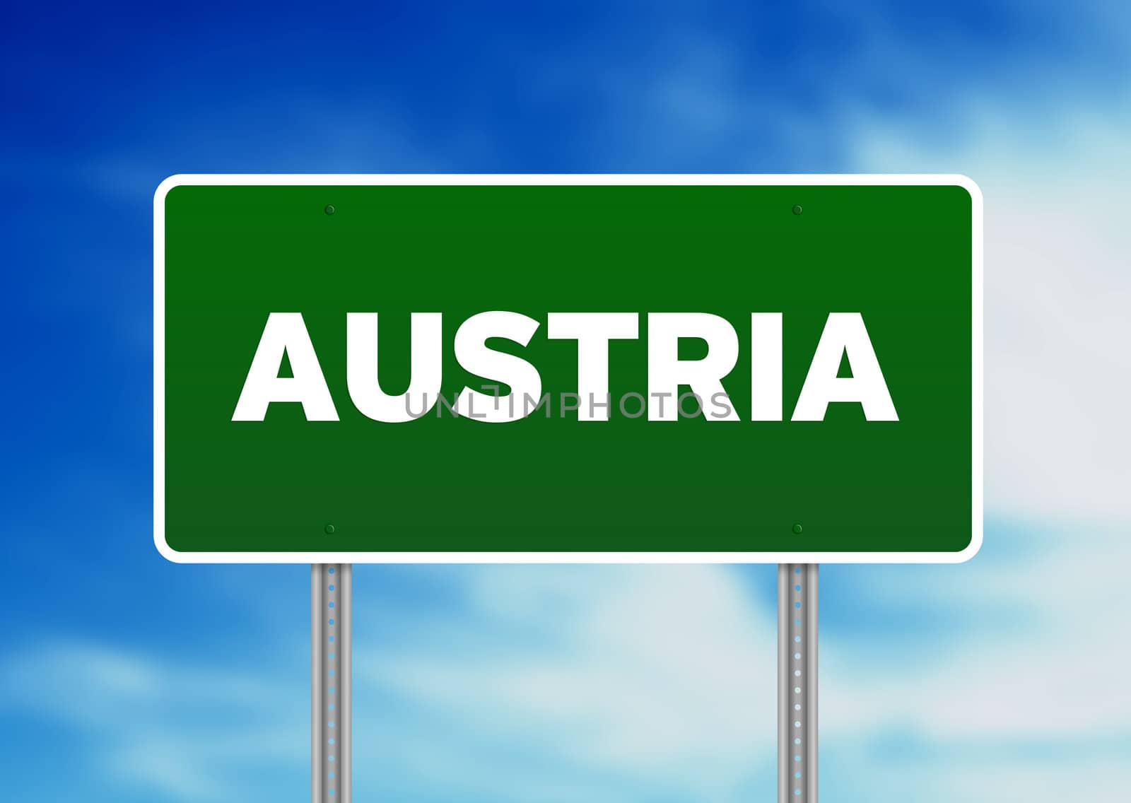 Green Austria highway sign on Cloud Background. 