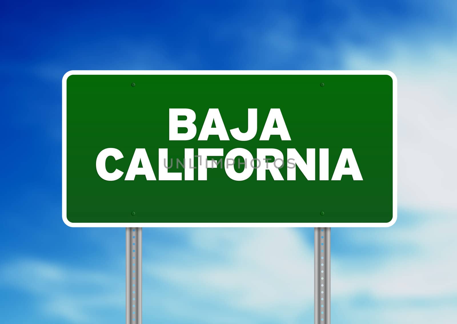 Green Baja California, Mexico highway sign on Cloud Background. 