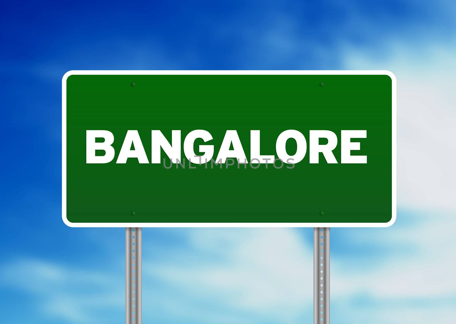 Green Bangalore raod sign on Cloud Background. 