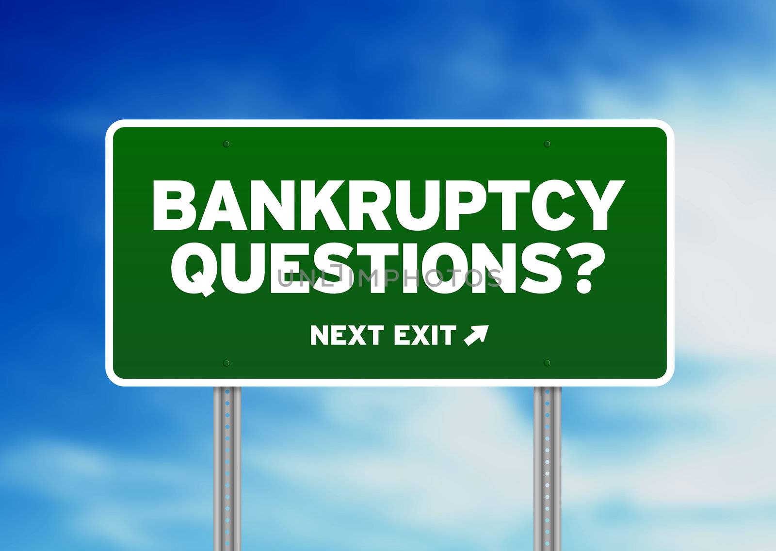 Green Bankruptcy Questions Road highway sign on Cloud Background. 