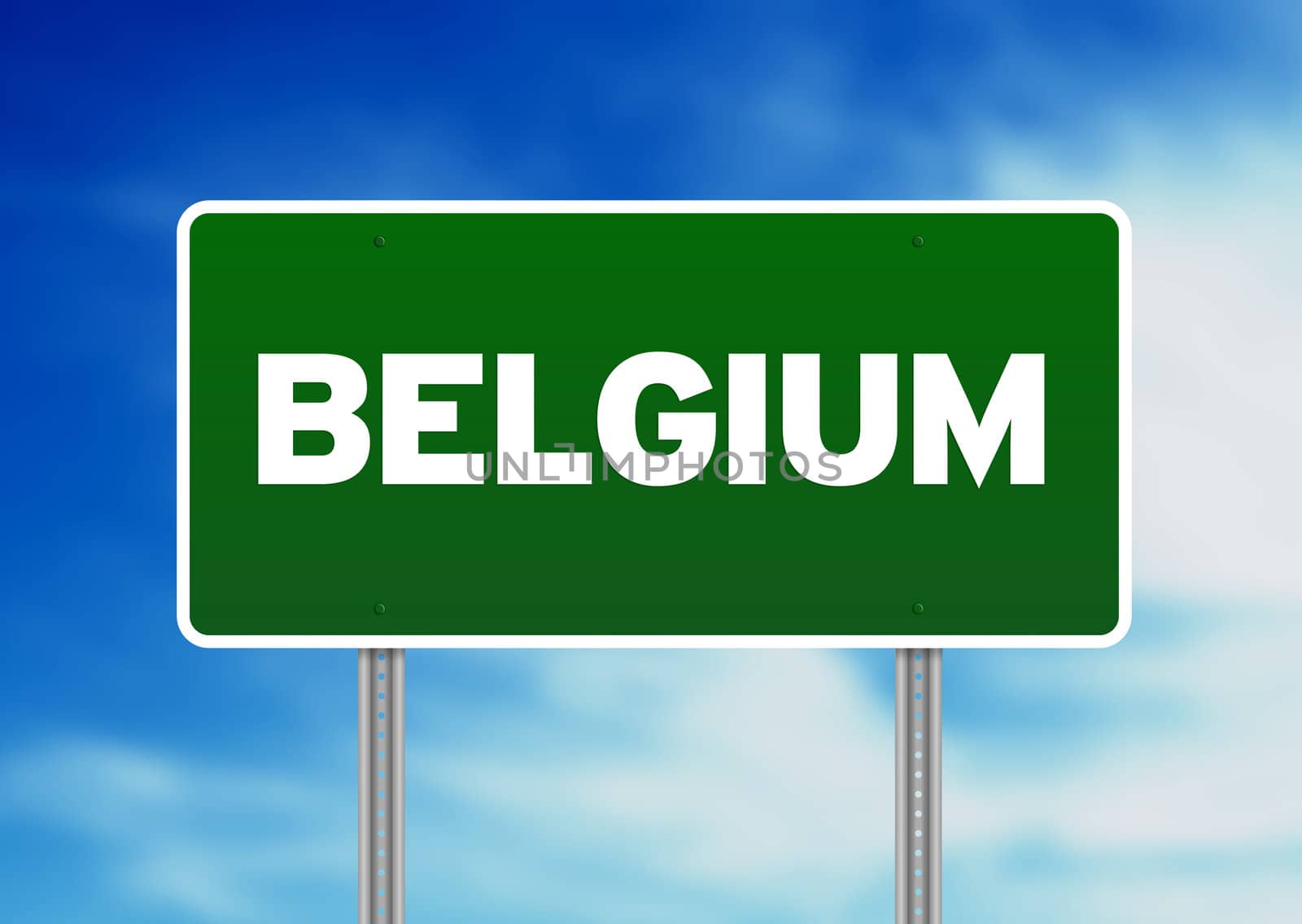 Green Belgium highway sign on Cloud Background. 