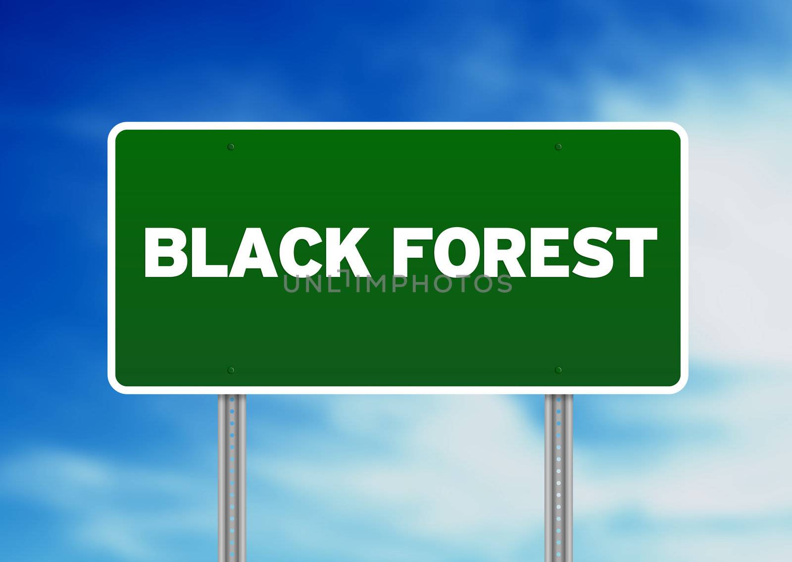 Green Black Forest highway sign on Cloud Background. 