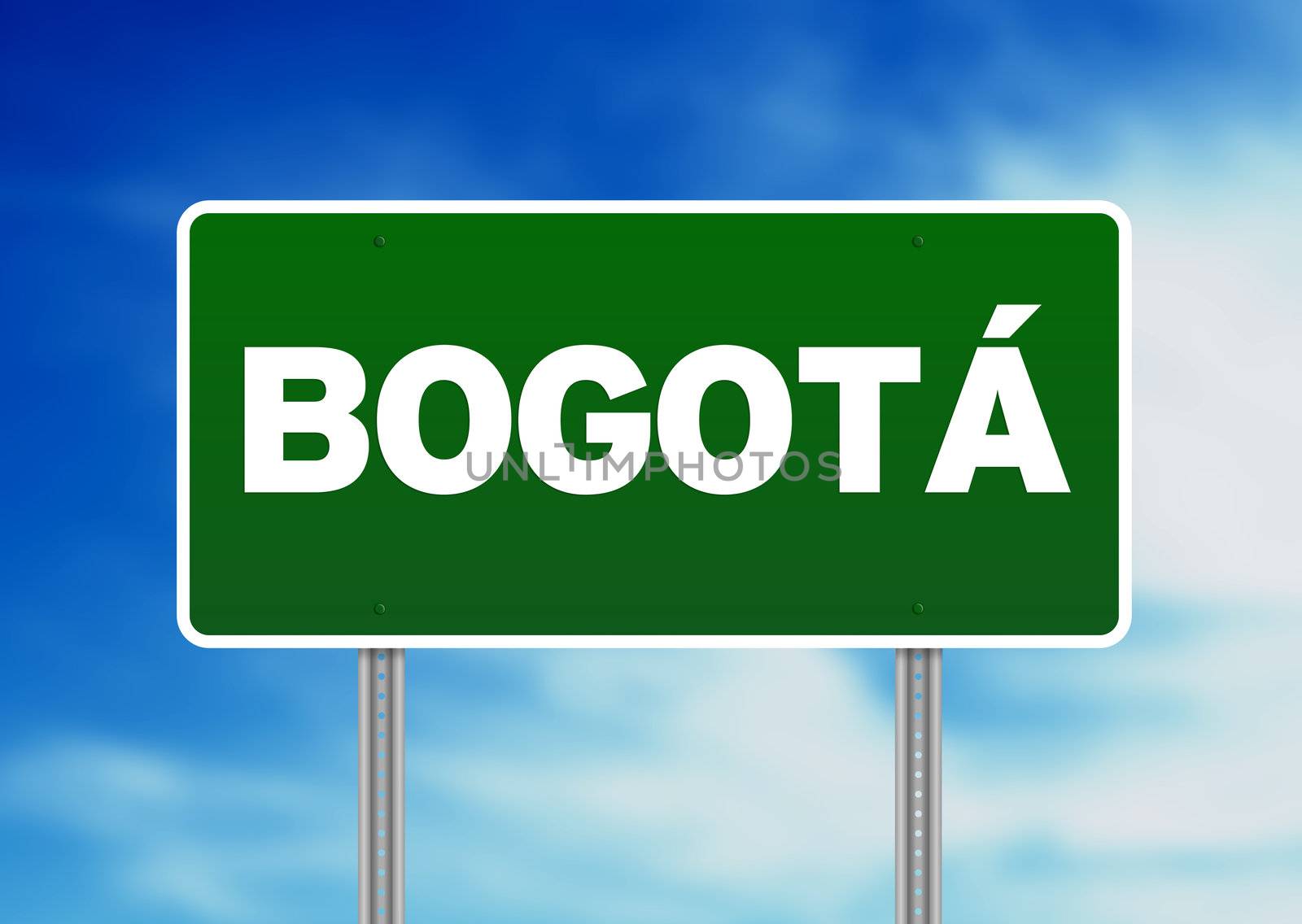 Green Bogotá, Columbia highway sign on Cloud Background. 