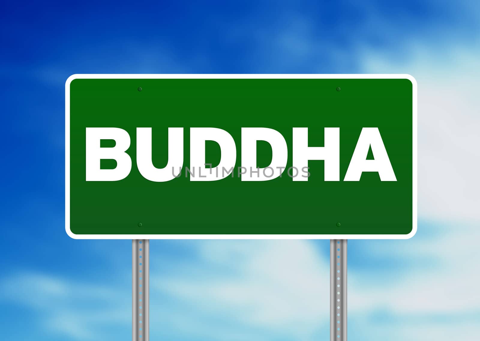 Green Buddha highway sign on Cloud Background.