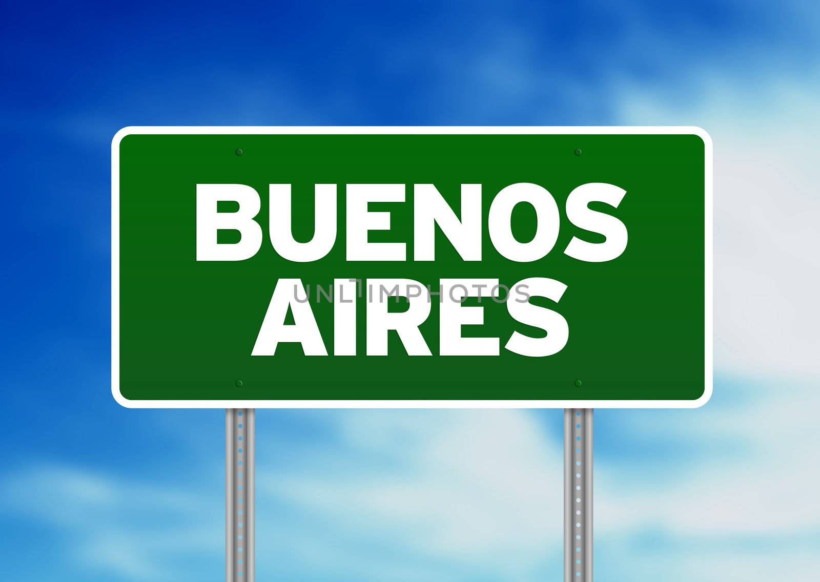 Green Buenos Aires highway sign on Cloud Background. 