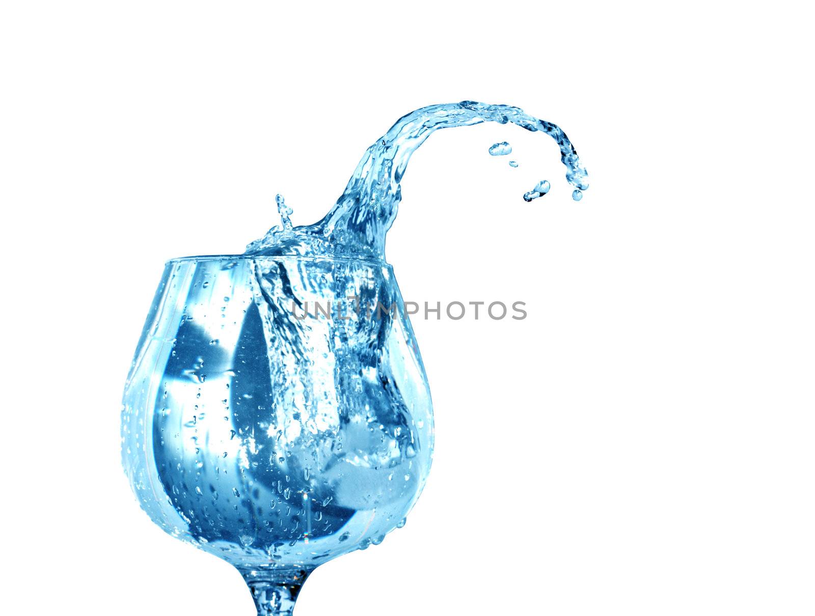 Nice goblet of cold splashihg water isolated on white with clipping path