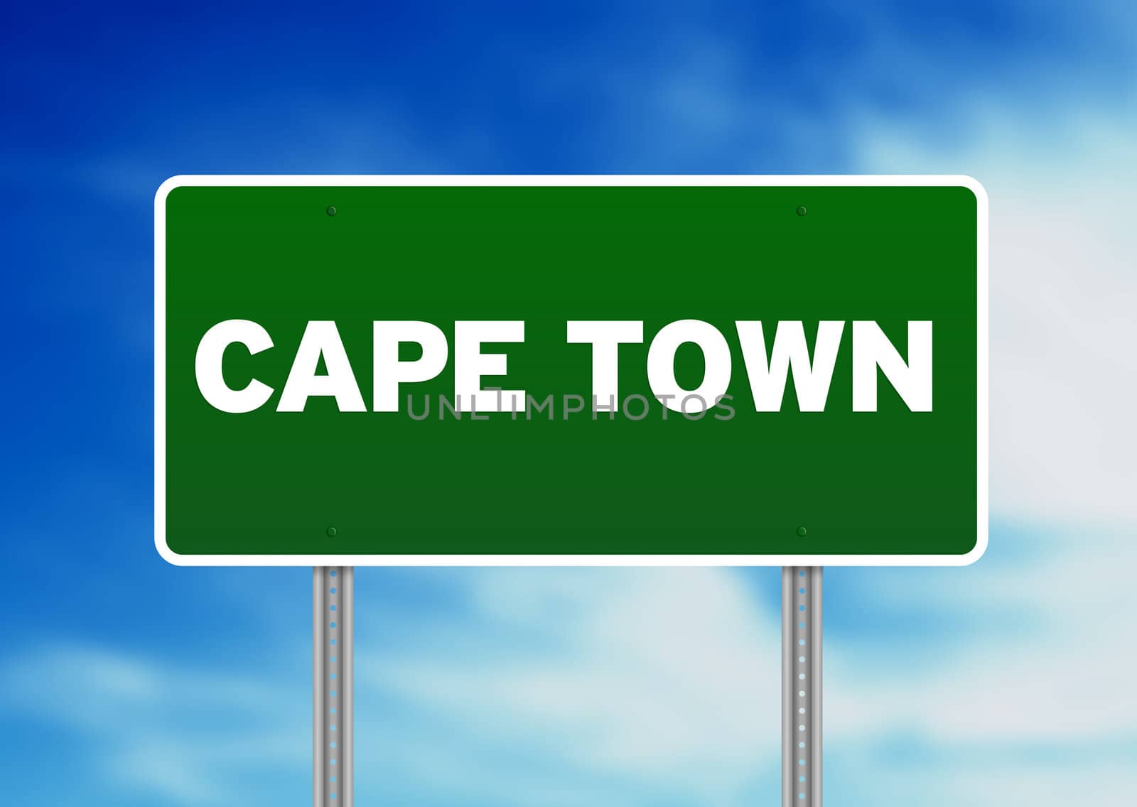 Green Cape Town highway sign on Cloud Background. 