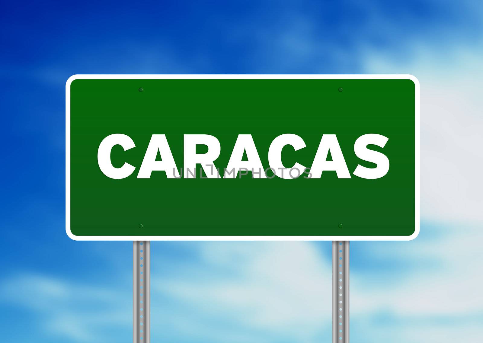 Green Caracas highway sign on Cloud Background. 