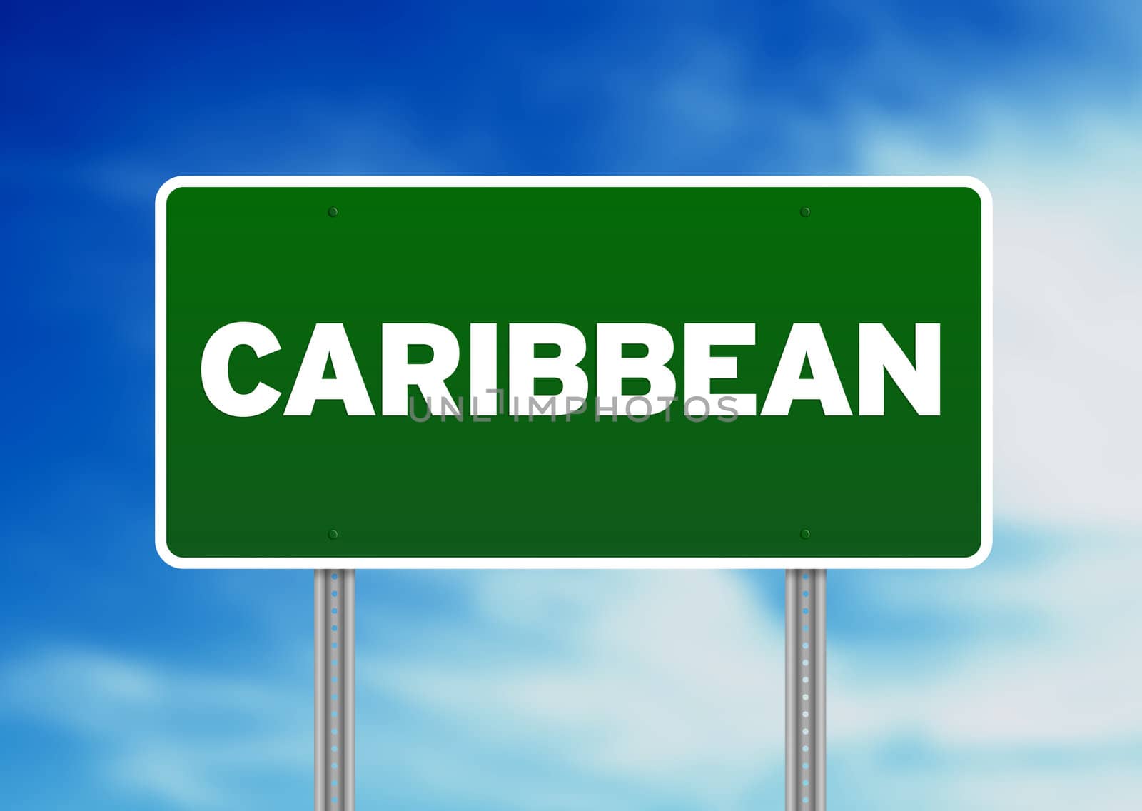 Green Caribbean highway sign on Cloud Background. 