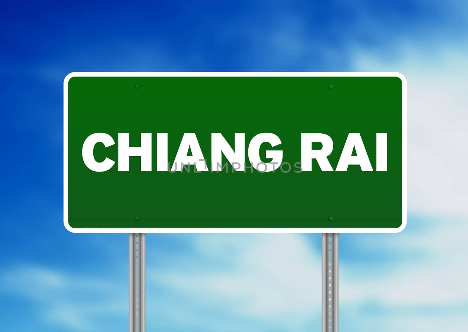 Green Chiang Rai, Thailand road sign on Cloud Background. 