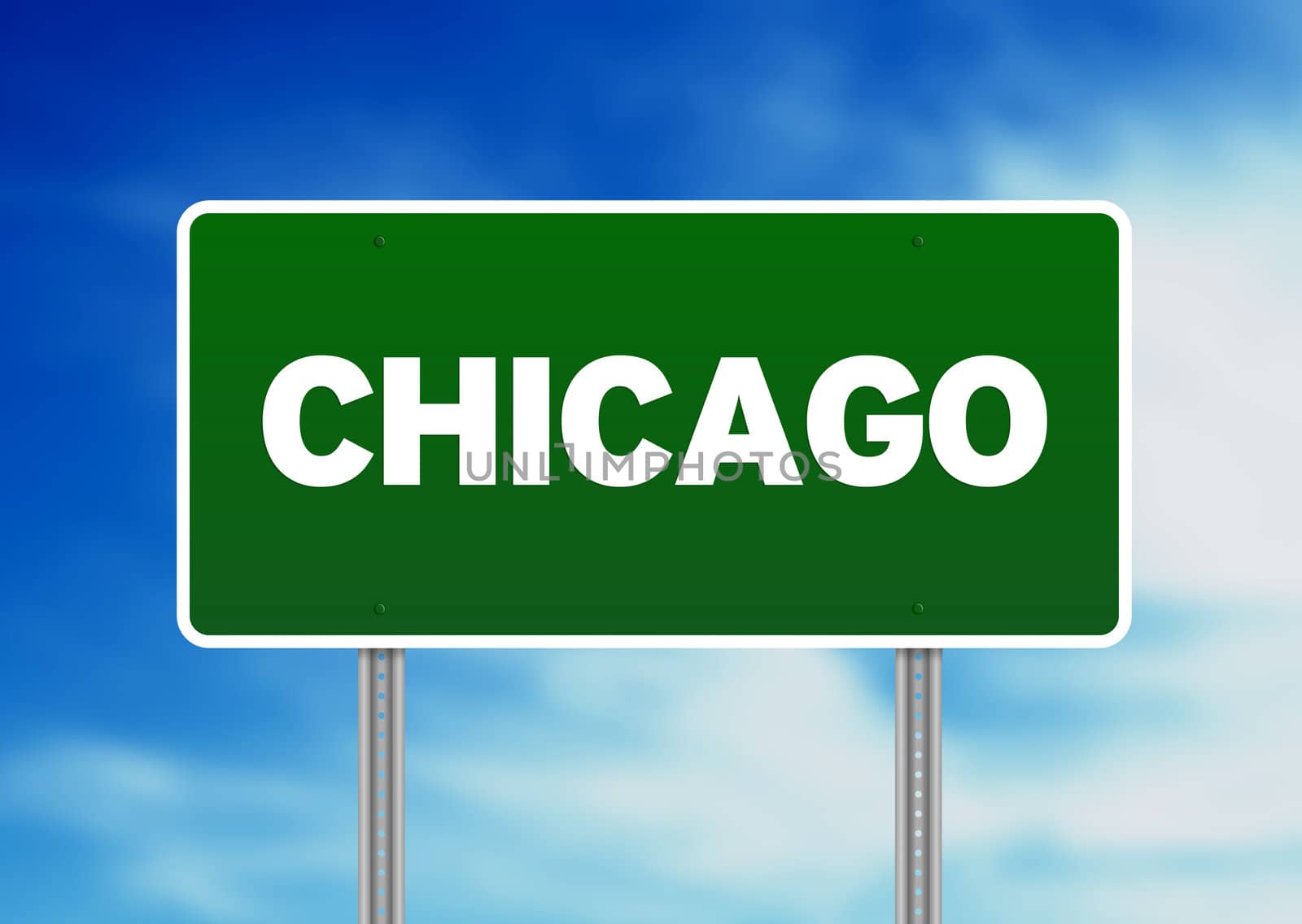 Green Chicago highway sign on Cloud Background. 