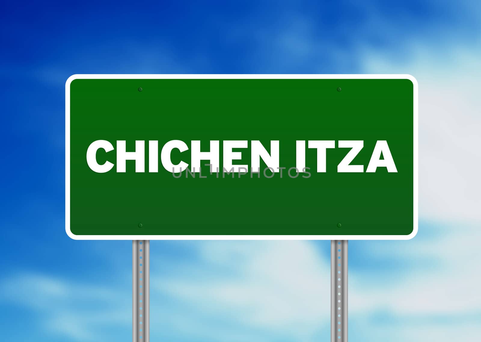 Green Chichen Itza highway sign on Cloud Background. 