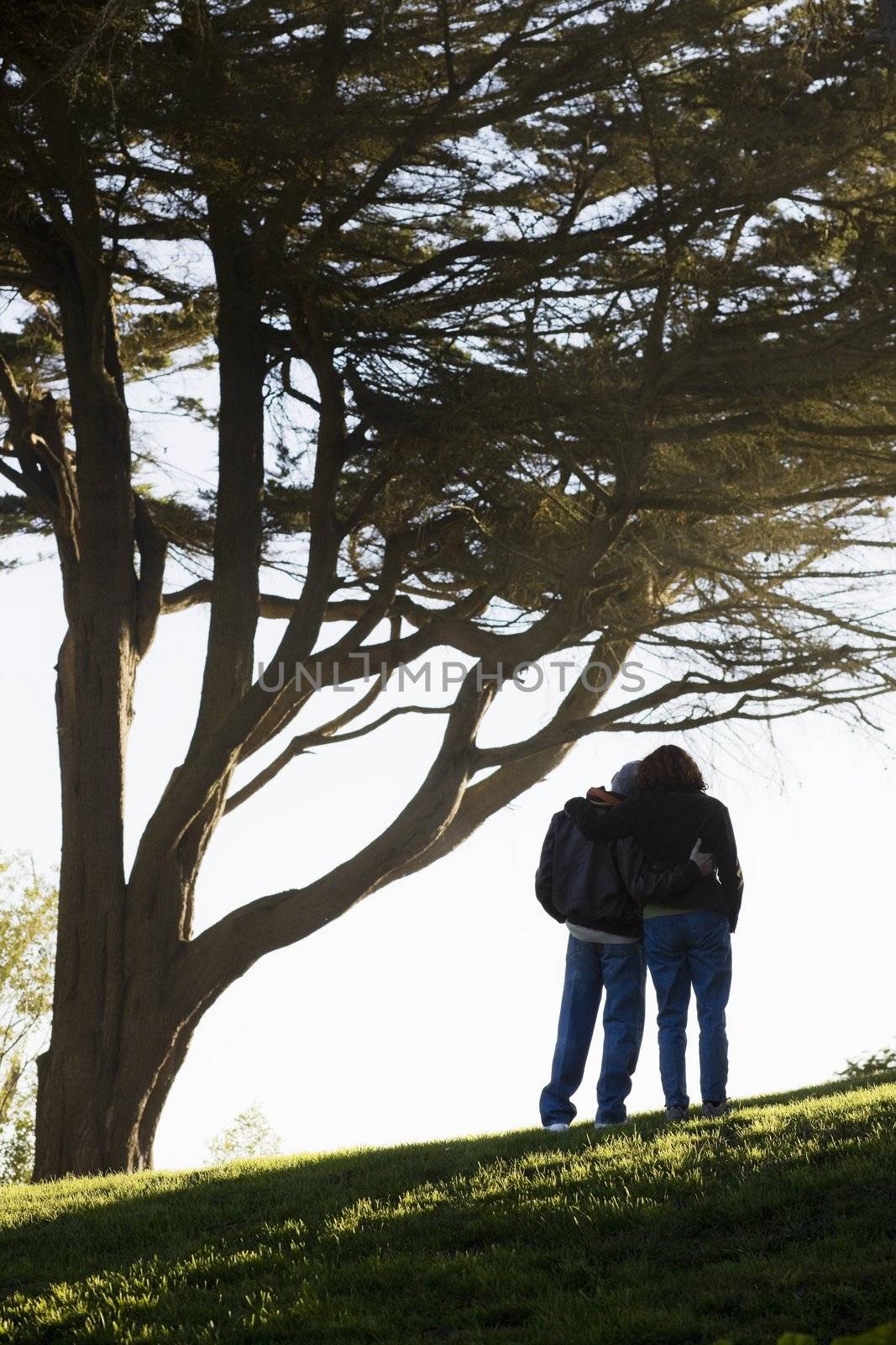 Senior Couple Holding Each Other on a Hill With Backs To Camera
