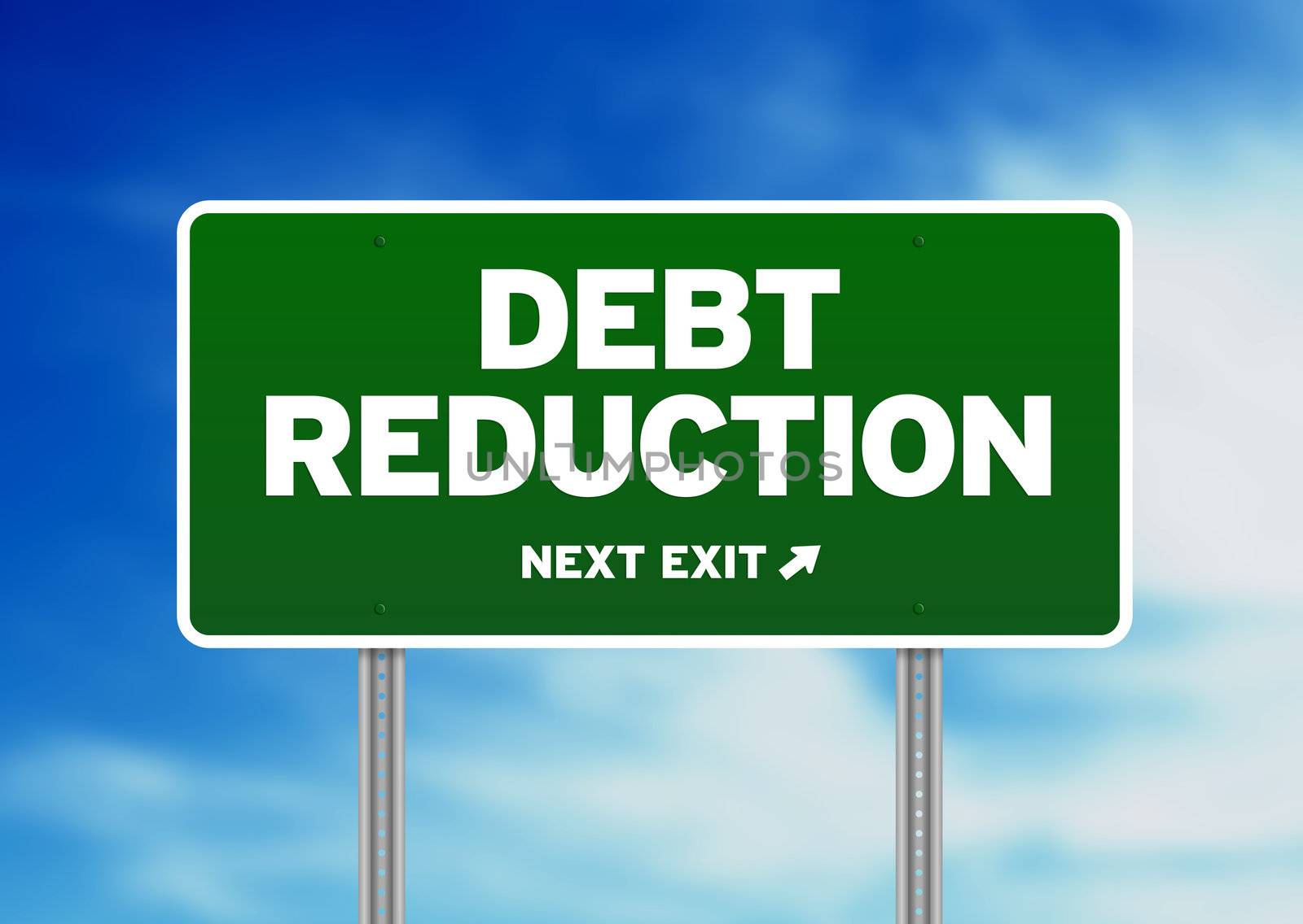 Green Debt Reduction highway sign on Cloud Background. 