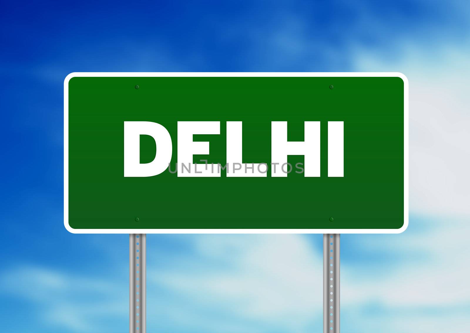 Green Delhi highway sign on Cloud Background. 