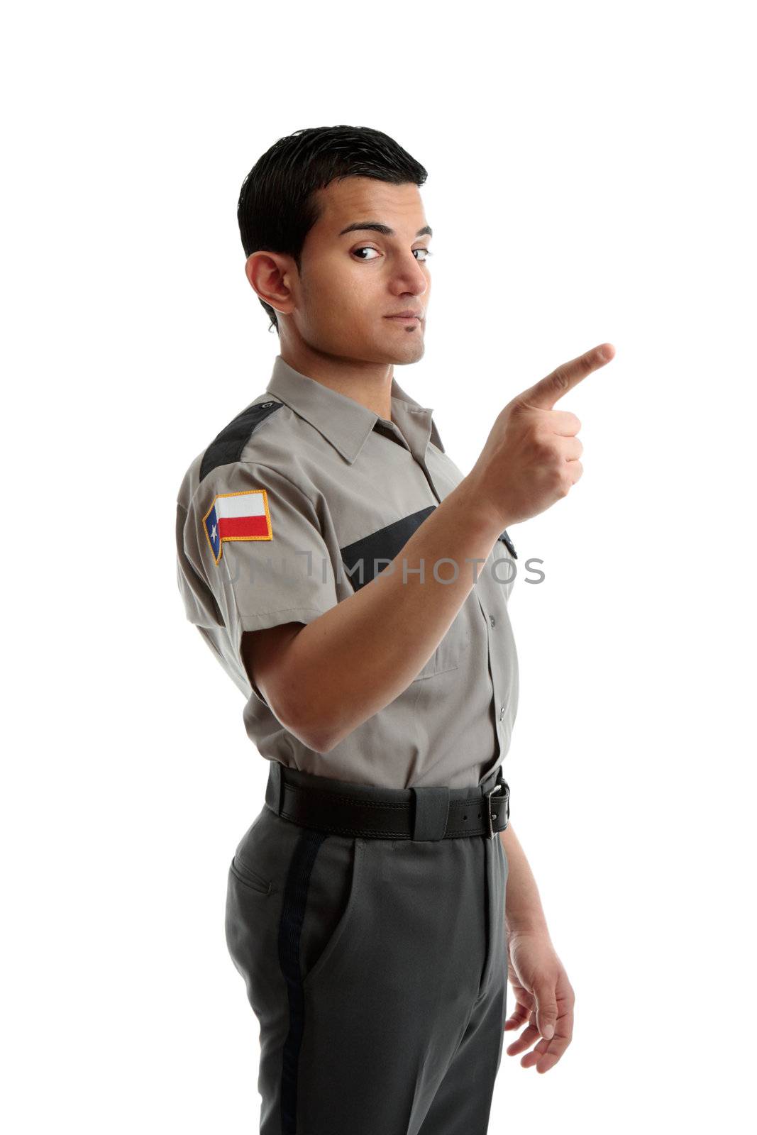 A security guard, prison warden or other uniformed man pointing his finger at your message.  White background.