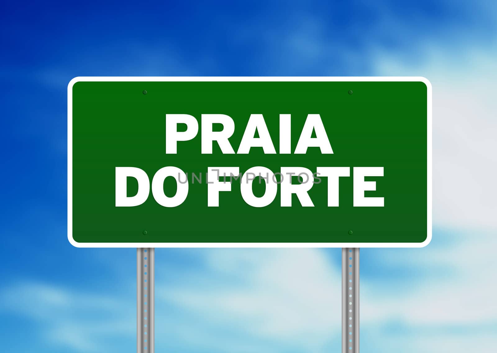 Green Praia do Forte, Brazil road sign on Cloud Background. 