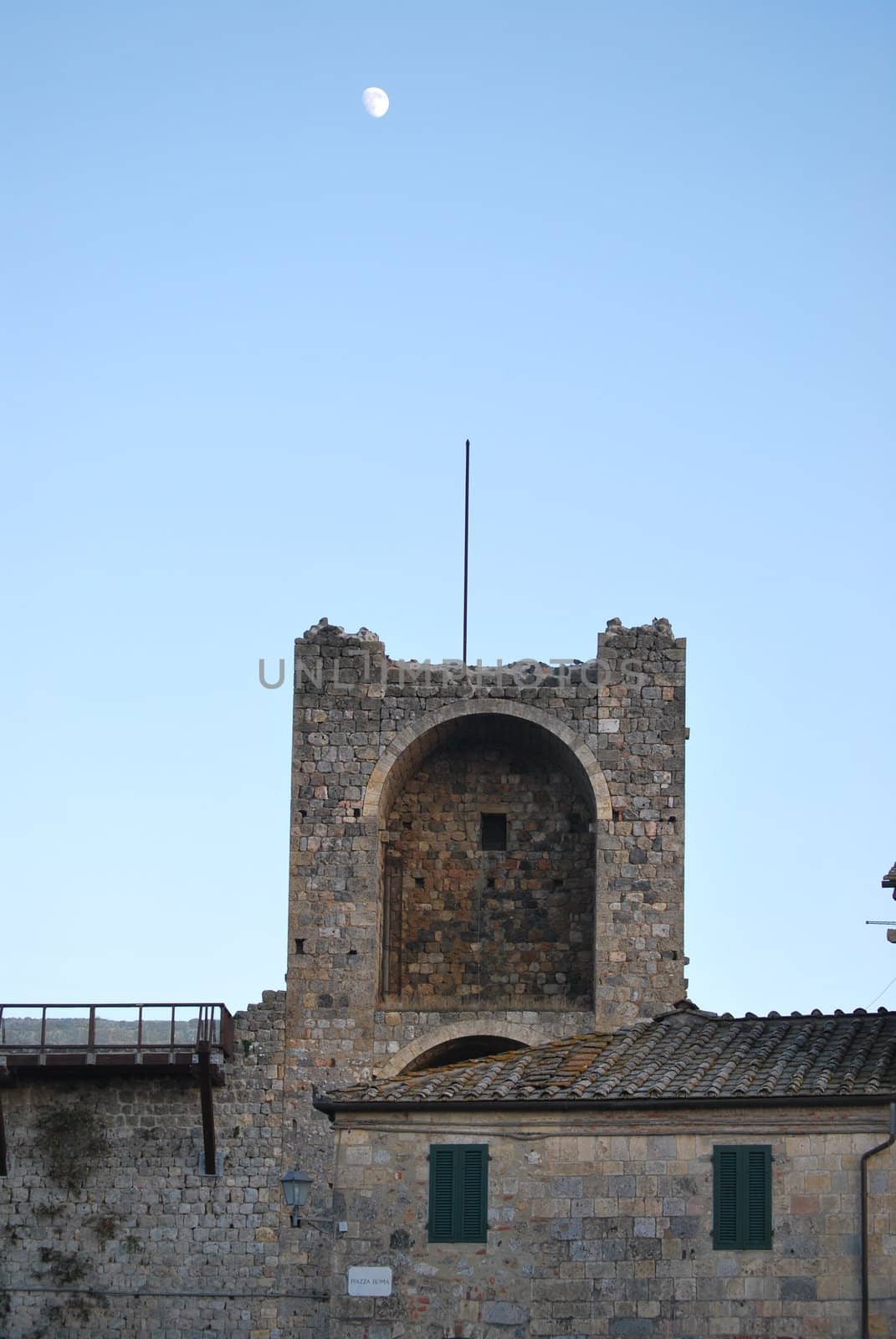 Town-walls of Monteriggioni medieval village completely encircled from circular walls with 14 towers. Siena Tuscany Italy