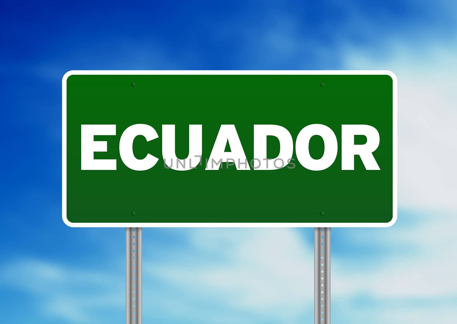 Green Ecuador highway sign on Cloud Background. 